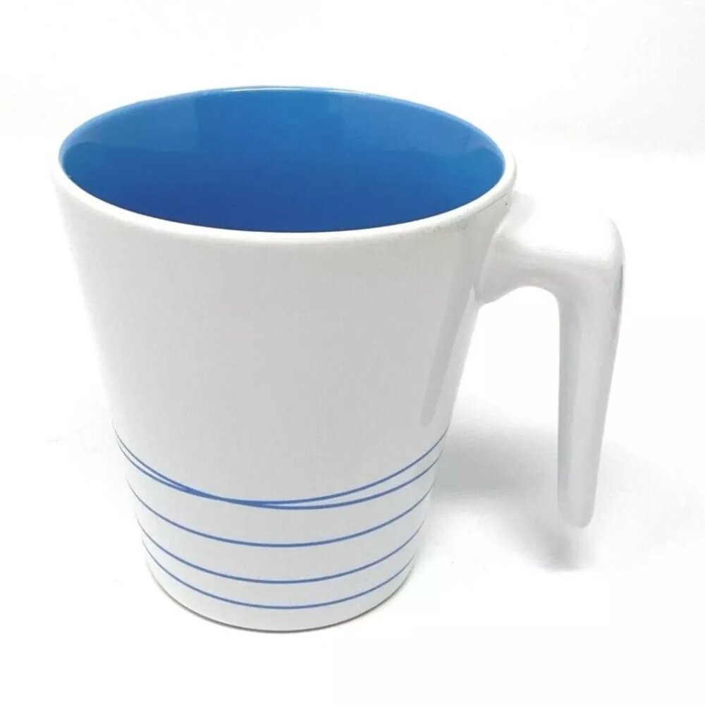 IKEA MUG White W Stripes & Blue Interior 15199 L Hook Handle Coffee Tea Mug Cup